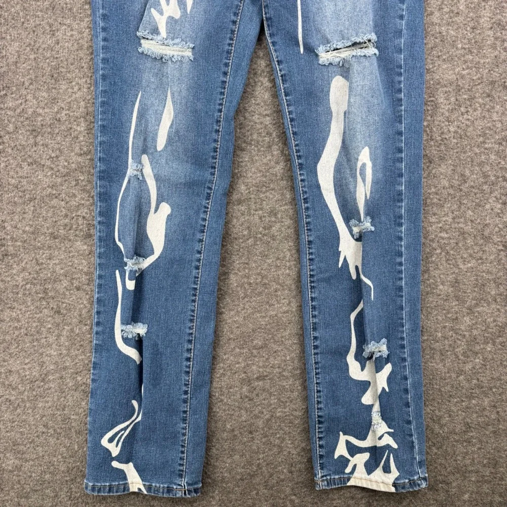 Womens Blue Abstract Graphic Print Distressed Straight Leg High Rise Jeans 30